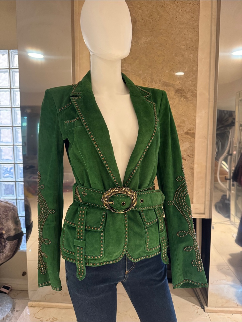 Roberto Cavalli Archival Runway Emerald Green Suede Studded Mermaid Jacket